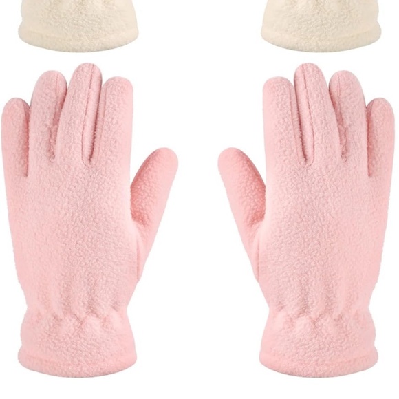2 Pairs Kids Fleece Gloves Polar Full Finger Winter Warm Gloves Pink & off White - Picture 6 of 6